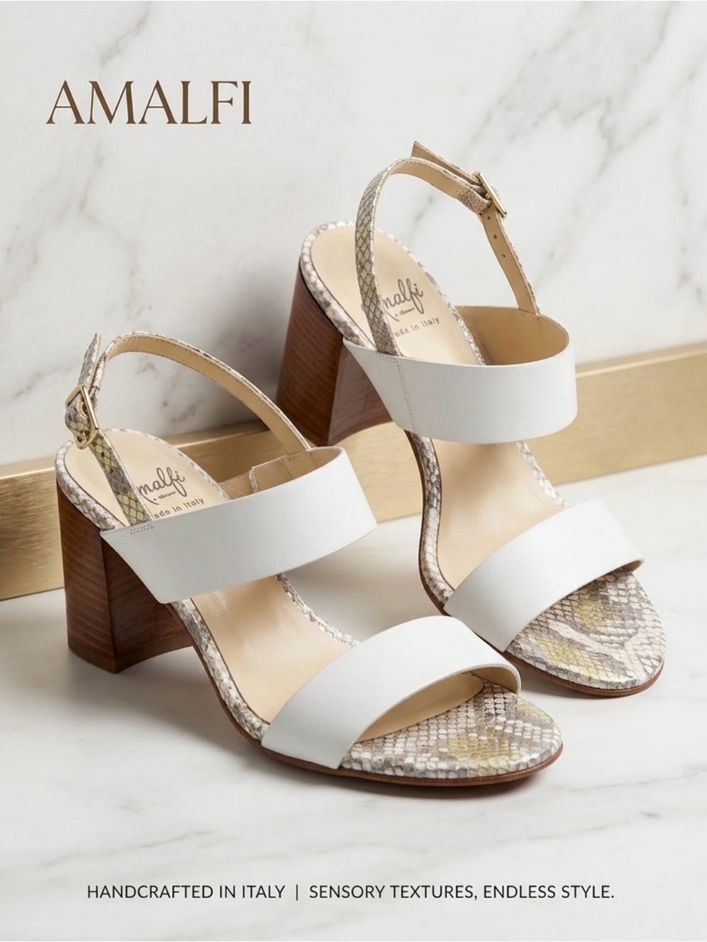 Amalfi by Rangoni White Snakeskin Block Heel Sandals